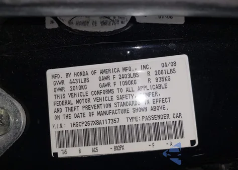 2008 Honda Accord 2.4 Ex z USA, uszkodzony, nr VIN 1HGCP267X8A117357